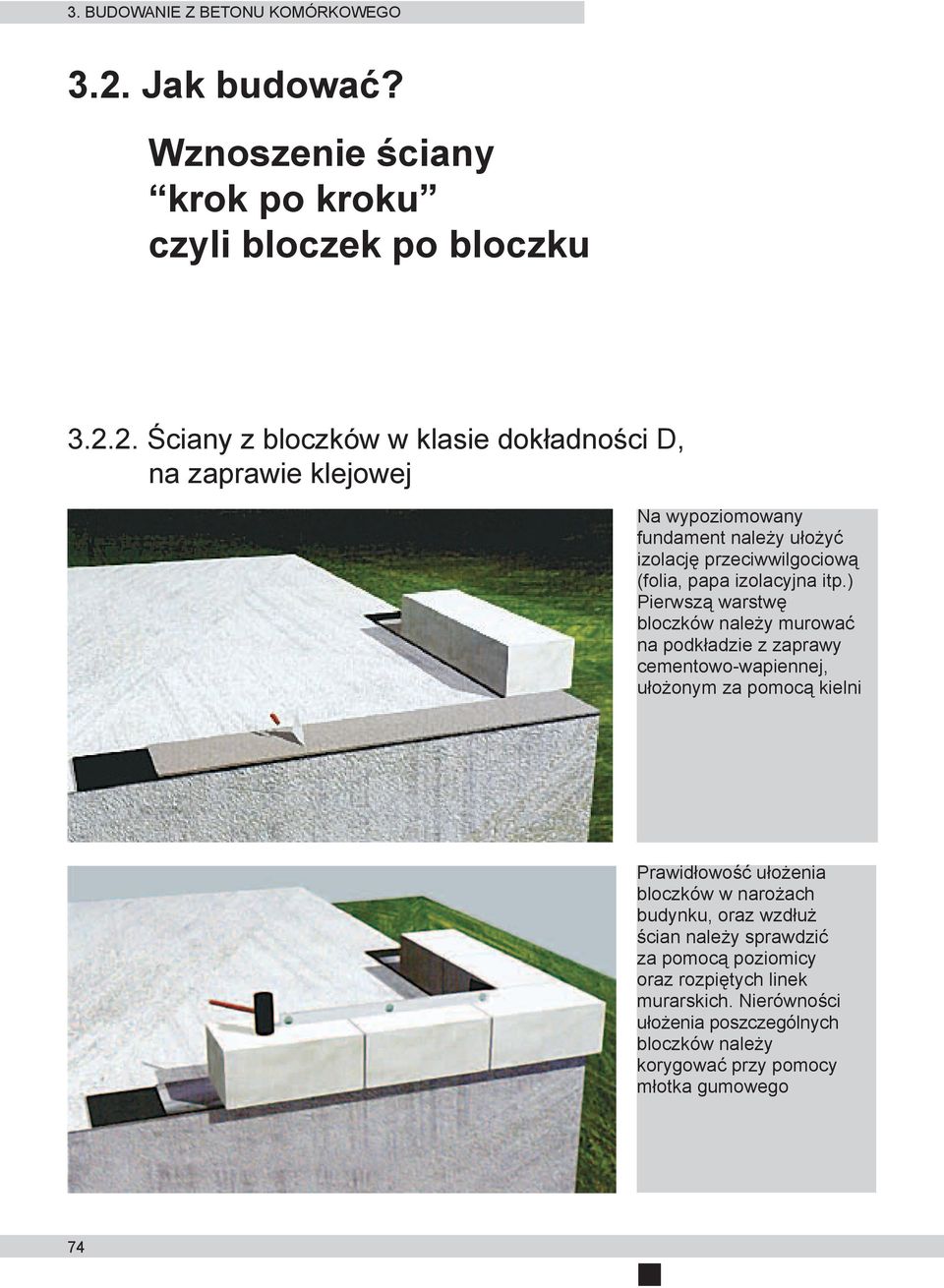 2. Ściany z bloczków w klasie dokładności D, na zaprawie klejowej Na wypoziomowany fundament należy ułożyć izolację przeciwwilgociową (folia, papa