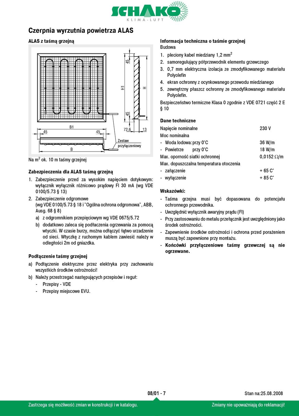Bezpieczeństwo termiczne Klasa 0 zgodnie z VDE 0721 część 2 E 10 Dane techniczne Na m 2 ok.