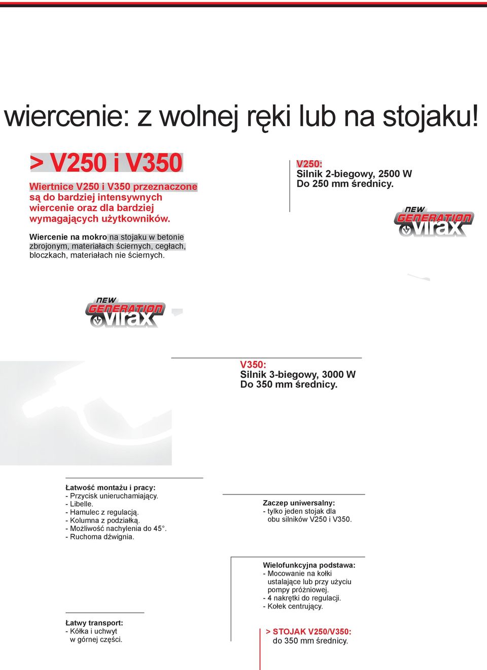 V350: Silnik 3-biegowy, 3000 W Do 350 mm średnicy. Łatwość montażu i pracy: - Przycisk unieruchamiający. - Libelle. - Hamulec z regulacją. - Kolumna z podziałką. - Możliwość nachylenia do 45.