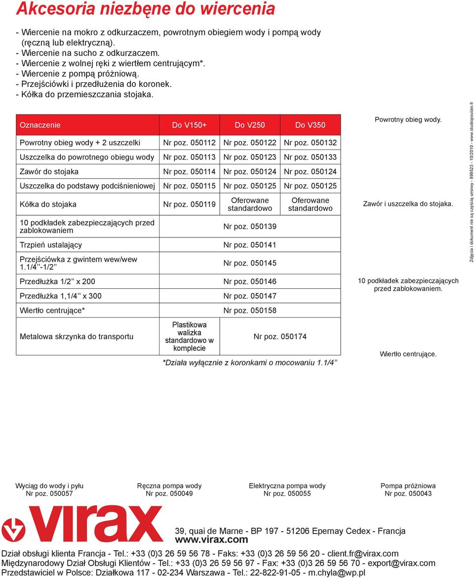 Oznaczenie Do V150+ Do V250 Do V350 Powrotny obieg wody + 2 uszczelki Nr poz. 050112 Nr poz. 050122 Nr poz. 050132 Uszczelka do powrotnego obiegu wody Nr poz. 050113 Nr poz. 050123 Nr poz.