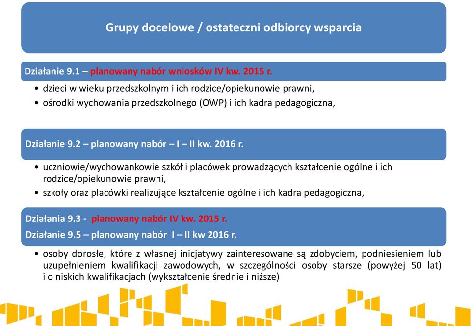 uczniowie/wychowankowie szkół i placówek prowadzących kształcenie ogólne i ich rodzice/opiekunowie prawni, szkoły oraz placówki realizujące kształcenie ogólne i ich kadra pedagogiczna, Działania 9.