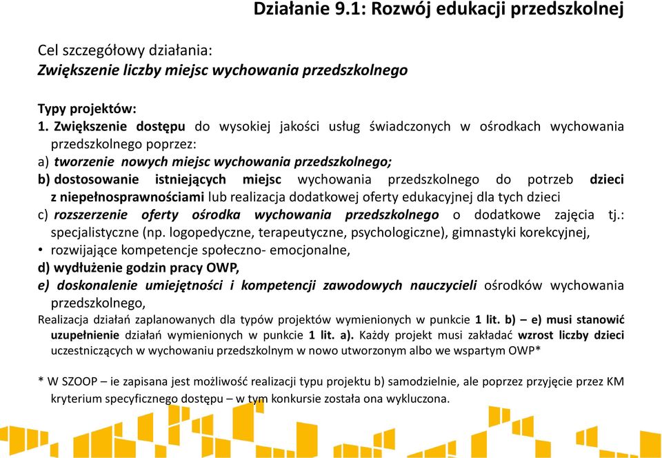 wychowania przedszkolnego do potrzeb dzieci z niepełnosprawnościami lub realizacja dodatkowej oferty edukacyjnej dla tych dzieci c) rozszerzenie oferty ośrodka wychowania przedszkolnego o dodatkowe