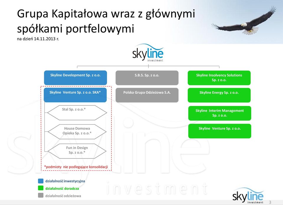 z o.o. House Domowa Opieka Sp. z o.o.* Skyline Venture Sp. z o.o. Fun in Design Sp. z o.o.* *podmioty nie podlegające konsolidacji działalność inwestycyjna działalność doradcza działalność odzieżowa 3