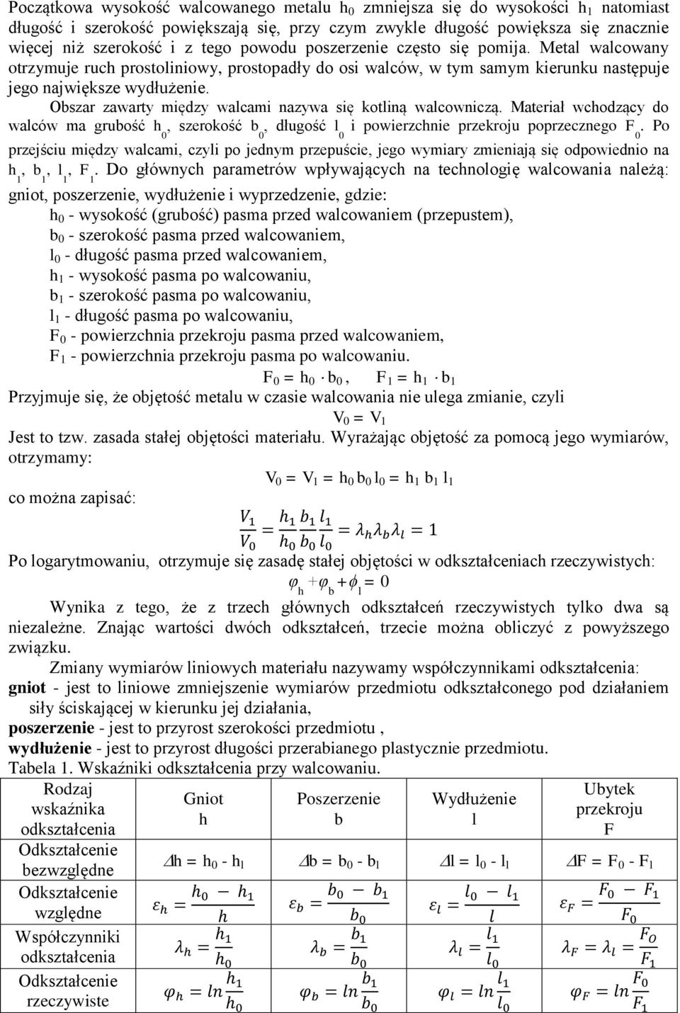 Obszar zawarty między walcami nazywa się kotliną walcowniczą. Materiał wchodzący do walców ma grubość h 0, szerokość b 0, długość l 0 i powierzchnie przekroju poprzecznego F 0.