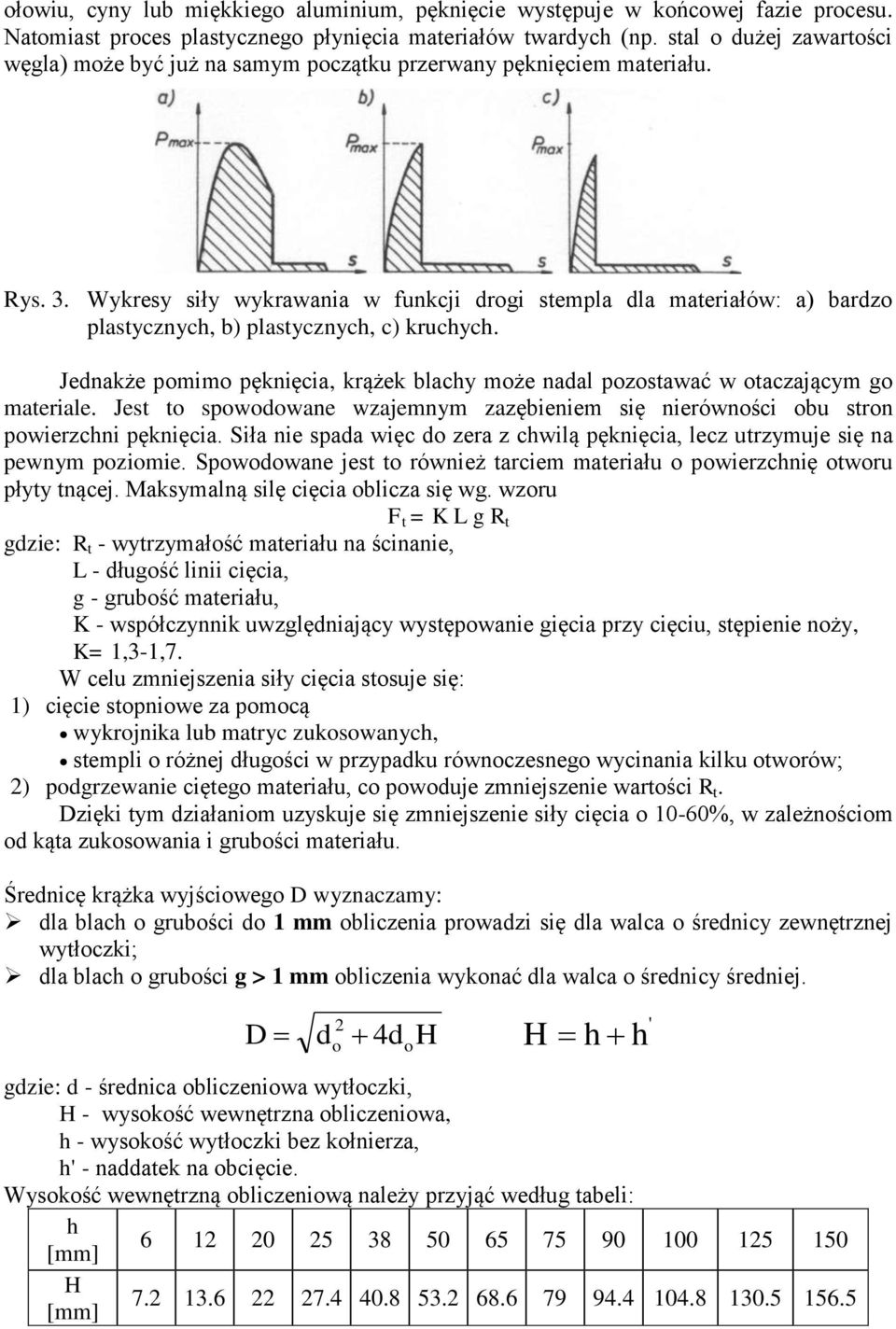 Wykresy siły wykrawania w funkcji drogi stempla dla materiałów: a) bardzo plastycznych, b) plastycznych, c) kruchych.