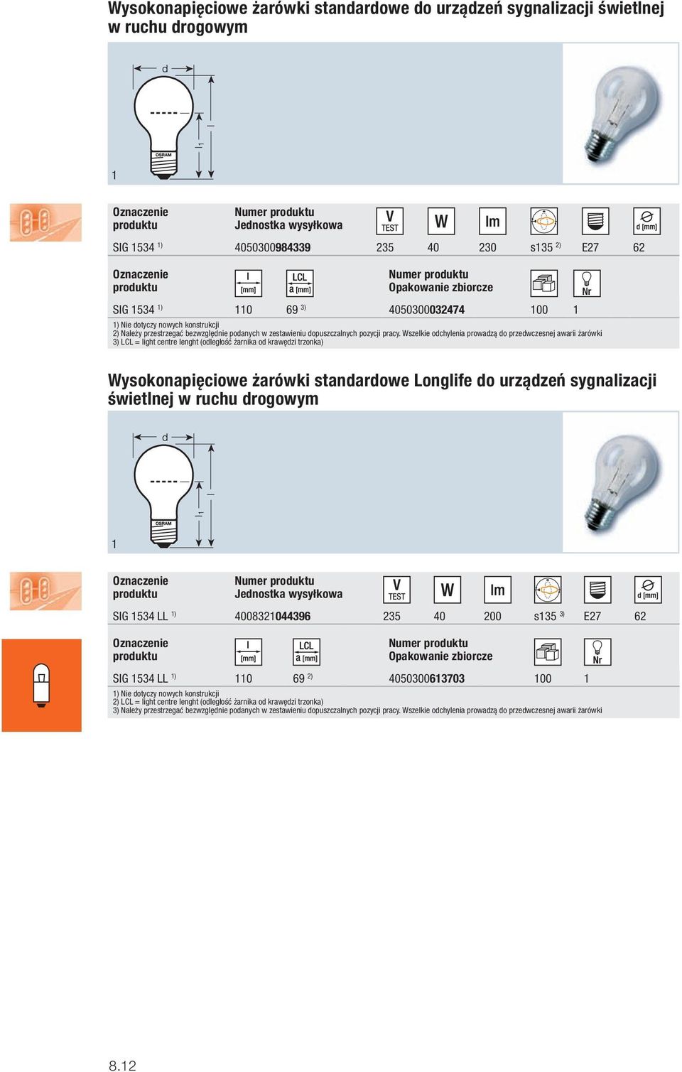 Wszelkie odchylenia prowadzą do przedwczesnej awarii żarówki 3) LCL = light centre lenght (odległość żarnika od krawędzi trzonka) Wysokonapięciowe żarówki standardowe Longlife do urządzeń