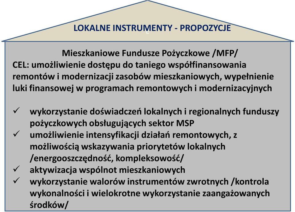 pożyczkowych obsługujących sektor MSP umożliwienie intensyfikacji działań remontowych, z możliwością wskazywania priorytetów lokalnych /energooszczędność,