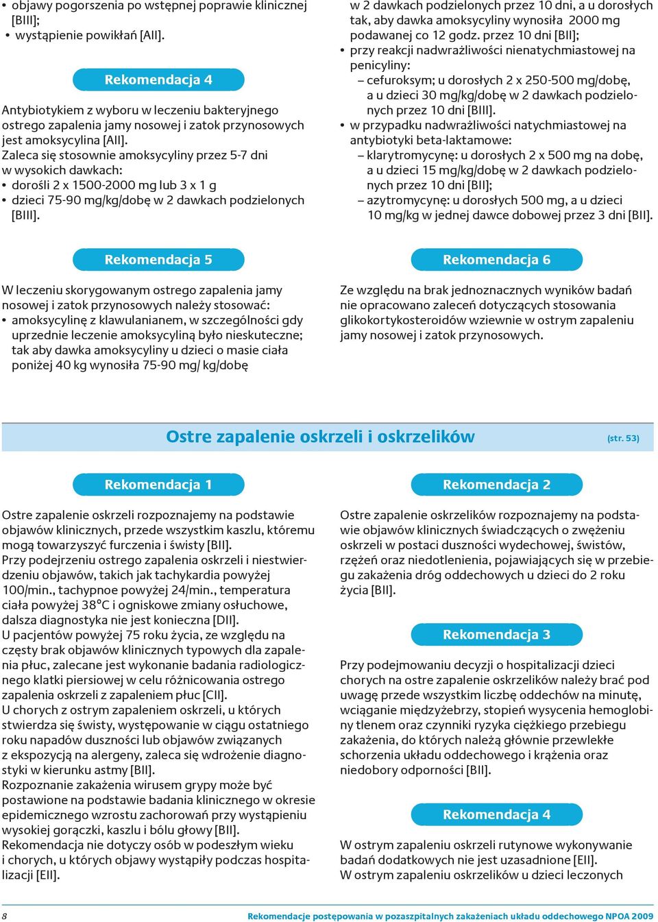 Zaleca się stosownie amoksycyliny przez 5-7 dni w wysokich dawkach: dorośli 2 x 1500-2000 mg lub 3 x 1 g dzieci 75-90 mg/kg/dobę w 2 dawkach podzielonych [BIII].