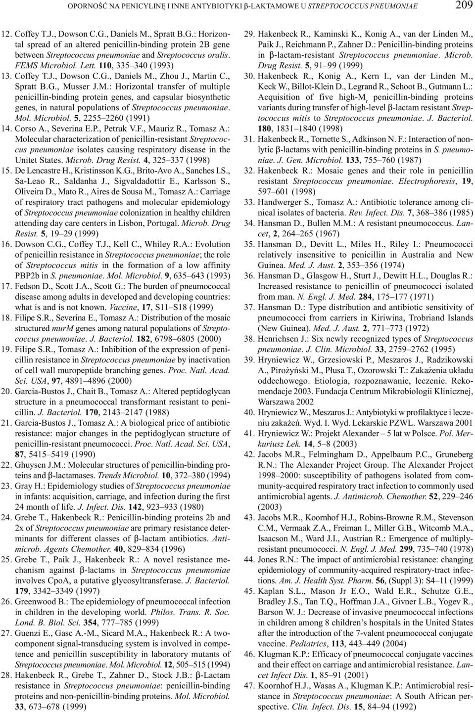 Coffey T.J., Dowson C.G., Daniels M., Zhou J., Martin C., Spratt B.G., Musser J.M.: Horizontal transfer of multiple penicillin-binding protein genes, and capsular biosynthetic genes, in natural populations of Streptococcus pneumoniae.