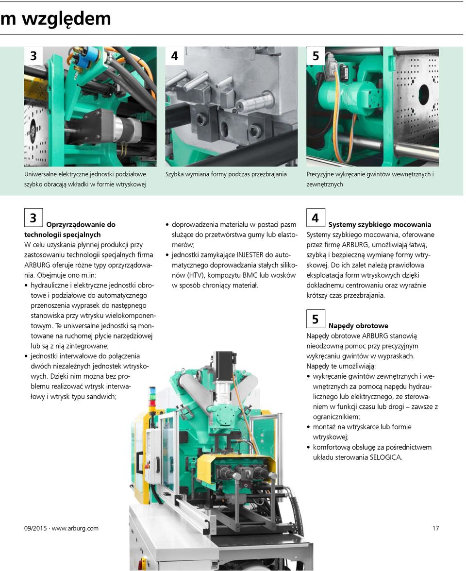 in: hydrauliczne i elektryczne jednostki obrotowe i podziałowe do automatycznego przenoszenia wyprasek do następnego stanowiska przy wtrysku wielokomponentowym.