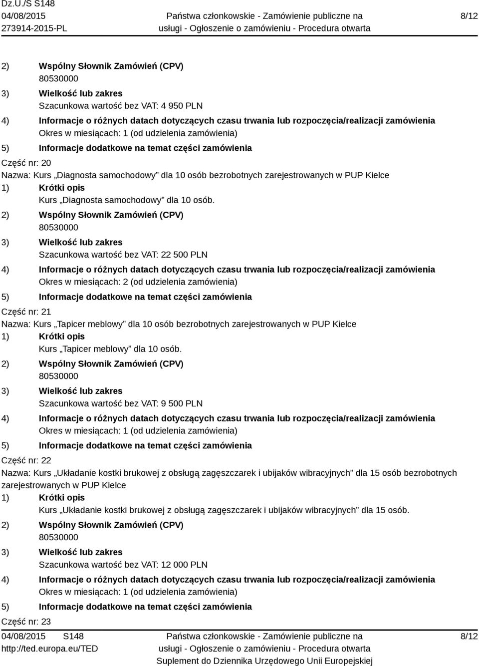 Szacunkowa wartość bez VAT: 22 500 PLN Część nr: 21 Nazwa: Kurs Tapicer meblowy dla 10 osób bezrobotnych zarejestrowanych w PUP Kielce Kurs Tapicer meblowy  Szacunkowa