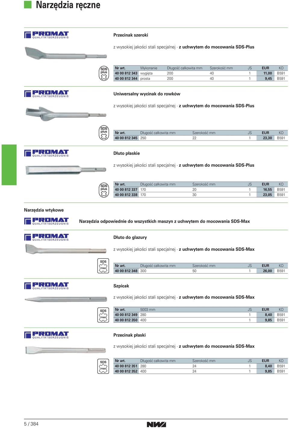 uchwytem do mocowania SDS-Plus Szerokość 40 00 812 337 170 20 1 16,55 B591 40 00 812 338 170 30 1 23,05 B591 Narzędzia wtykowe Narzędzia odpowiednie do wszystkich maszyn z uchwytem do mocowania