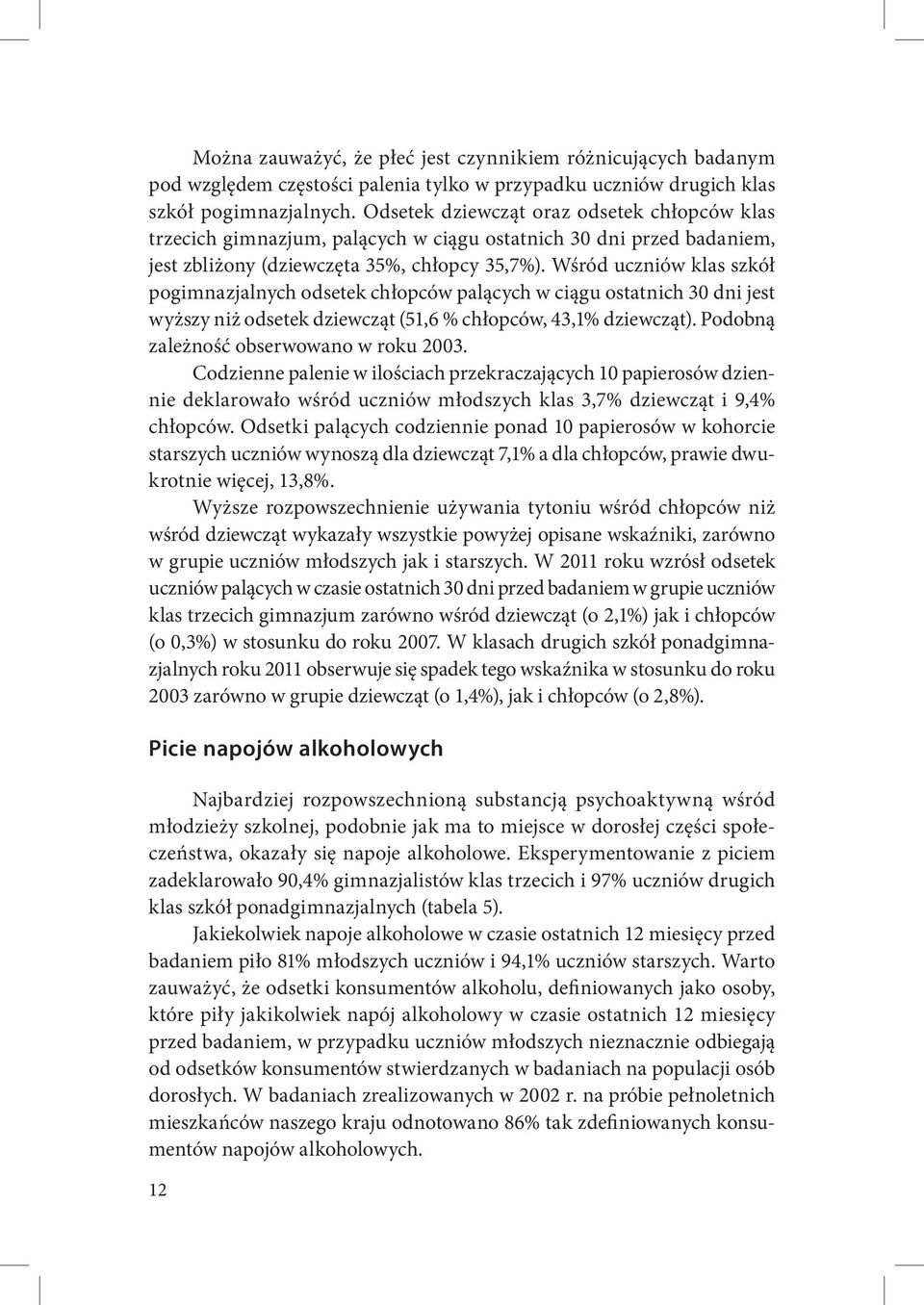 Wśród uczniów klas szkół pogimnazjalnych odsetek chłopców palących w ciągu ostatnich 30 dni jest wyższy niż odsetek dziewcząt (51,6 % chłopców, 43,1% dziewcząt).