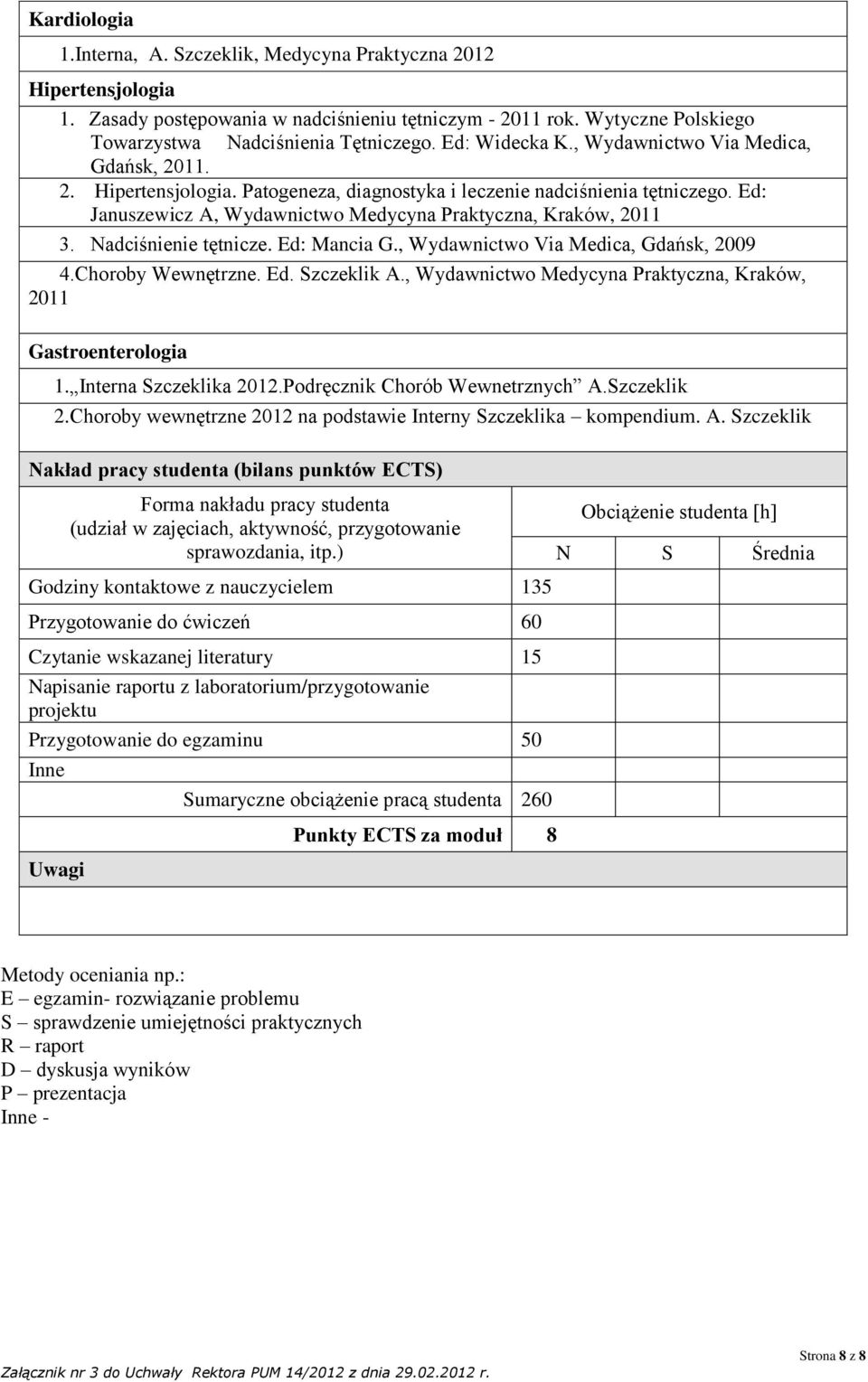 Ed: Januszewicz A, Wydawnictwo Medycyna Praktyczna, Kraków, 2011 3. Nadciśnienie tętnicze. Ed: Mancia G., Wydawnictwo Via Medica, Gdańsk, 2009 4.Choroby Wewnętrzne. Ed. Szczeklik A.