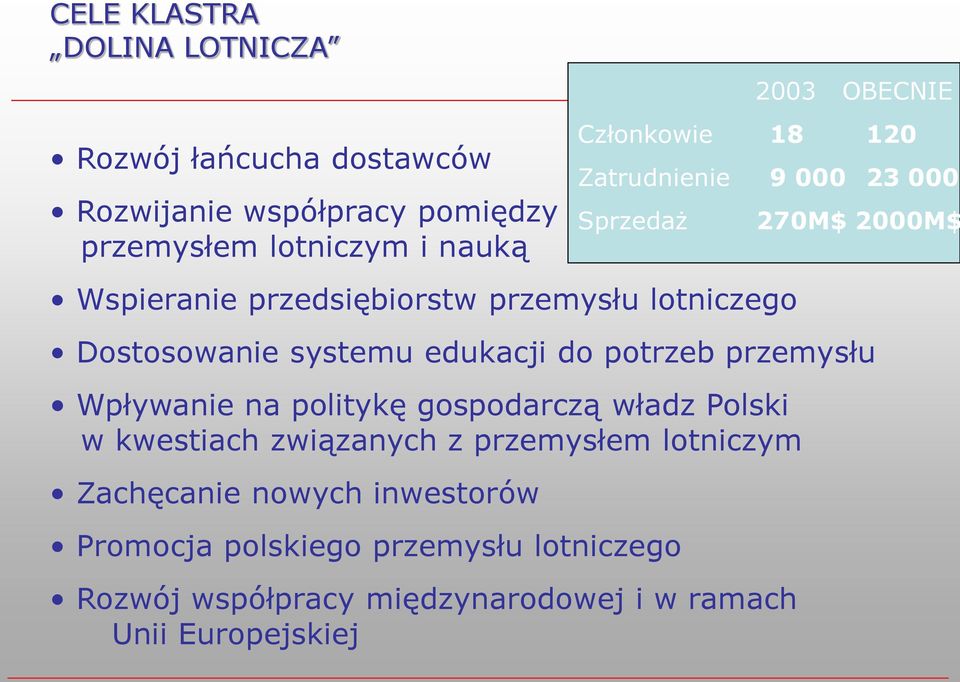 Polski w kwestiach związanych z przemysłem lotniczym Zachęcanie nowych inwestorów Promocja polskiego przemysłu lotniczego Rozwój