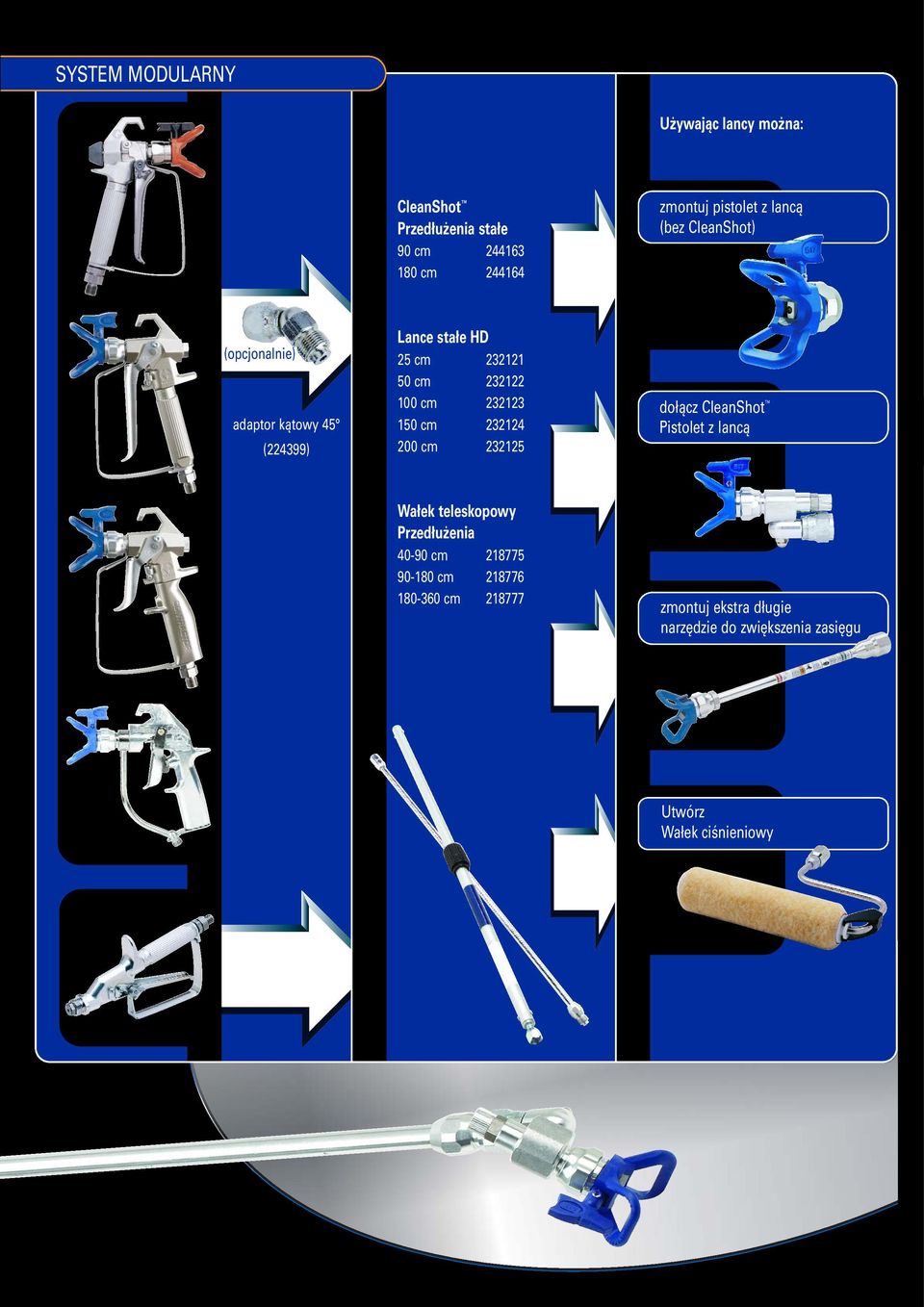 232123 150 cm 232124 200 cm 232125 dołącz CleanShot Pistolet z lancą Wałek teleskopowy Przedłużenia 40-90 cm