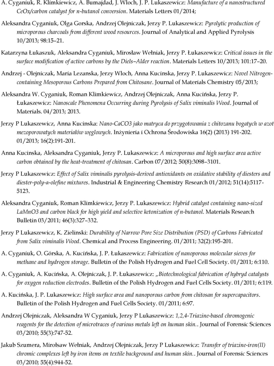 Journal of Analytical and Applied Pyrolysis 10/2013; 98:15 21. Katarzyna Łukaszuk, Aleksandra Cyganiuk, Mirosław Wełniak, Jerzy P.