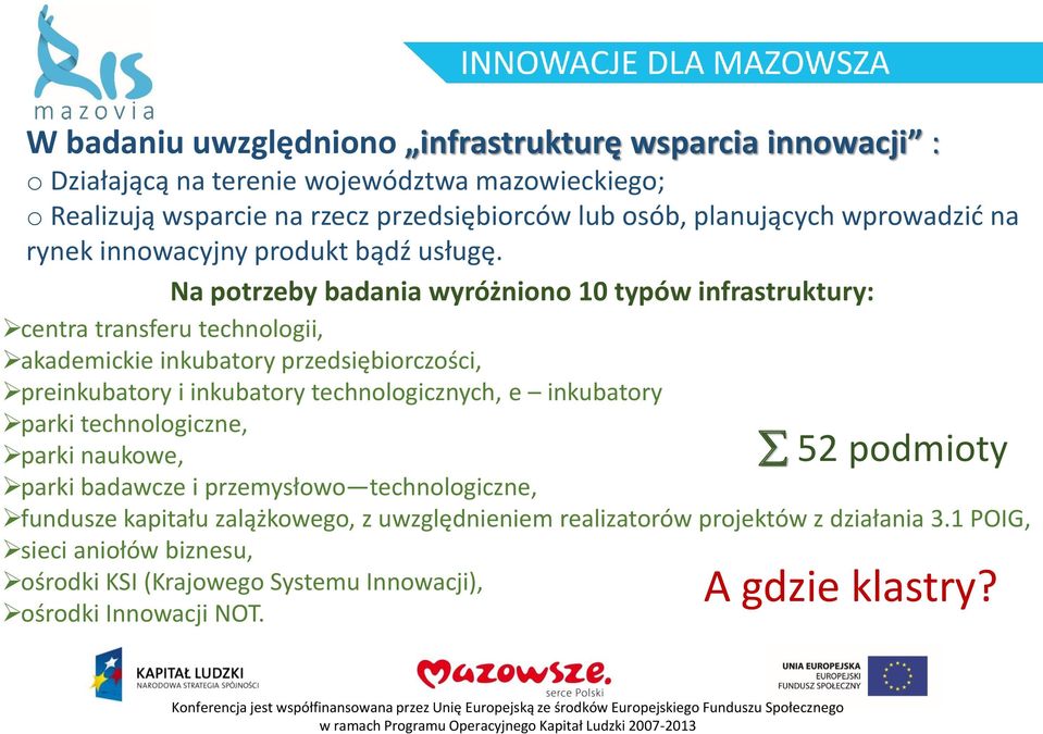 Na potrzeby badania wyróżniono 10 typów infrastruktury: centra transferu technologii, akademickie inkubatory przedsiębiorczości, preinkubatory i inkubatory technologicznych, e