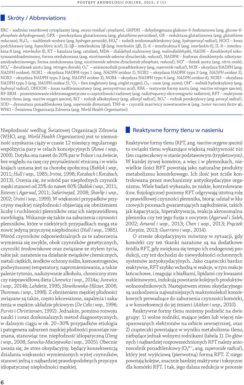 hydrogen peroxide), HO₂ rodnik wodoronadtlenkowy (ang. hydroperoxyl radical), HOCl kwas podchlorawy (ang. hypochloric acid), IL-1β interleukina 1β (ang. interleukin 1β), IL-6 interleukina 6 (ang.