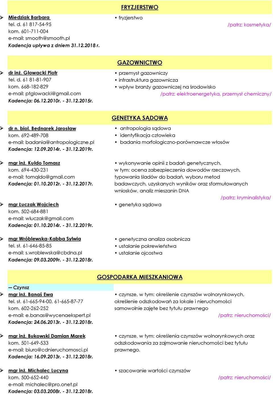 com /patrz: elektroenergetyka, przemysł chemiczny/ Kadencja: 06.12.2010r. - 31.12.2015r. GENETYKA SĄDOWA dr n. biol. Bednarek Jarosław kom. 692-489-708 e-mail: badania@antropologiczne.pl Kadencja: 12.