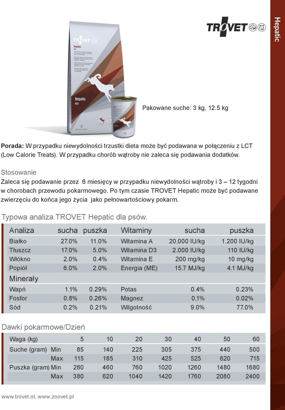 Po tym czasie TROVET Hepatic może być podawane zwierzęciu do końca jego życia jako pełnowartościowy pokarm. Typowa analiza TROVET Hepatic dla psów.