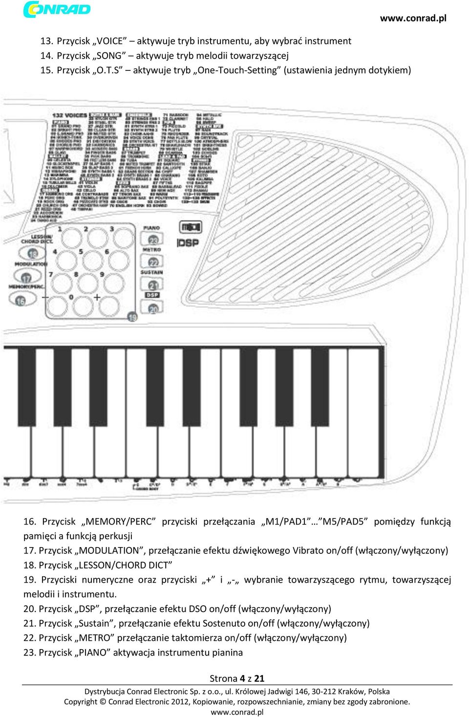 T.S aktywuje tryb One-Touch-Setting (ustawienia jednym dotykiem ) 19. Przycisk VOICE aktywuje tryb instrumentu, aby wybrać instrument 20. Przycisk SONG aktywuje tryb melodii towarzyszącej 21.