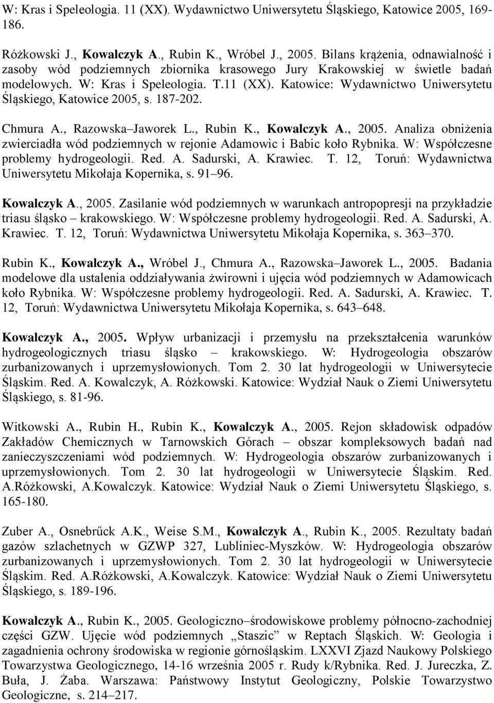 Katowice: Wydawnictwo Uniwersytetu Śląskiego, Katowice 2005, s. 187-202. Chmura A., Razowska Jaworek L., Rubin K., Kowalczyk A., 2005.