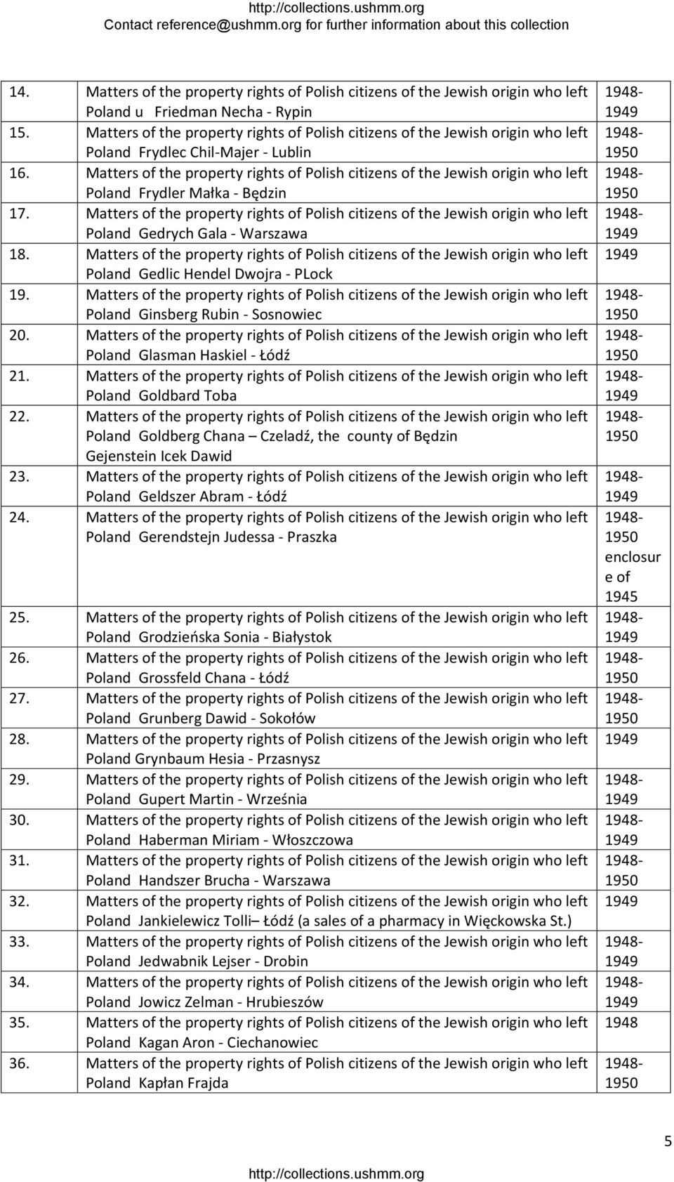 Matters of the property rights of Polish citizens of the Jewish origin who left Poland Frydler Małka Będzin 17.