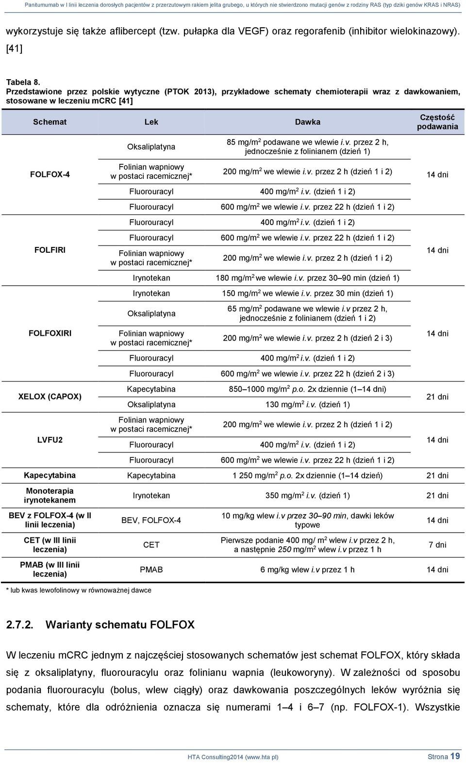 LVFU2 Oksaliplatyna Folinian wapniowy w postaci racemicznej* 85 mg/m 2 podawane we wlewie i.v. przez 2 h, jednocześnie z folinianem (dzień 1) 200 mg/m 2 we wlewie i.v. przez 2 h (dzień 1 i 2) Fluorouracyl 400 mg/m 2 i.