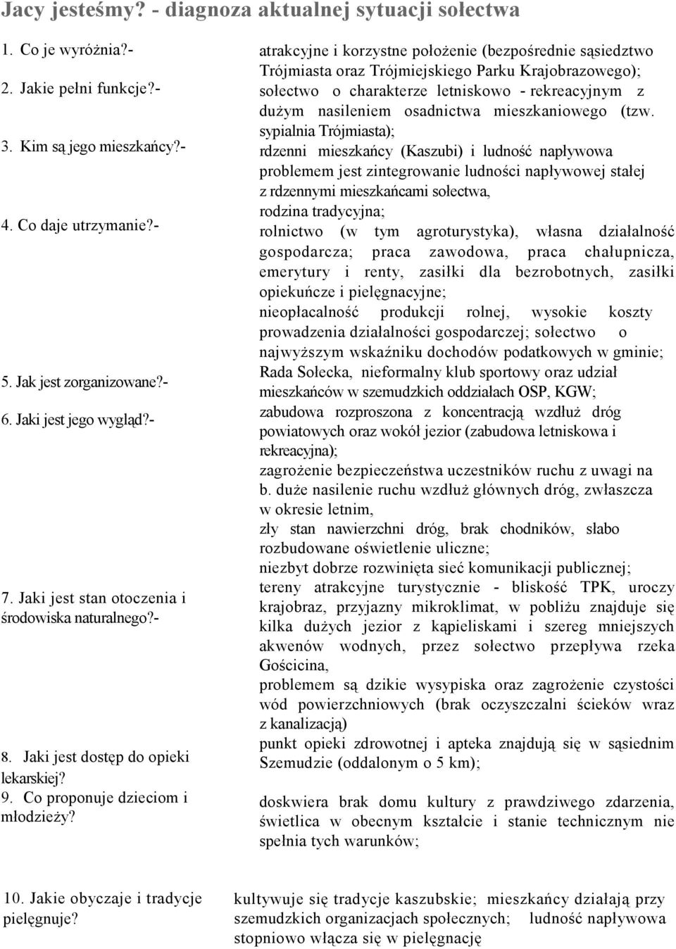 atrakcyjne i korzystne położenie (bezpośrednie sąsiedztwo Trójmiasta oraz Trójmiejskiego Parku Krajobrazowego); sołectwo o charakterze letniskowo - rekreacyjnym z dużym nasileniem osadnictwa