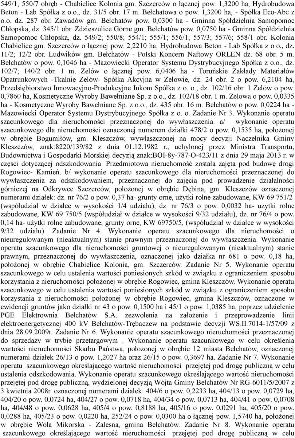 549/2; 550/8; 554/1; 555/1; 556/1; 557/3; 557/6; 558/1 obr. Kolonia Chabielice gm. Szczerców o łącznej pow. 2,2210 ha, Hydrobudowa Beton - Lab Spółka z o.o., dz. 11/2; 12/2 obr. Ludwików gm.