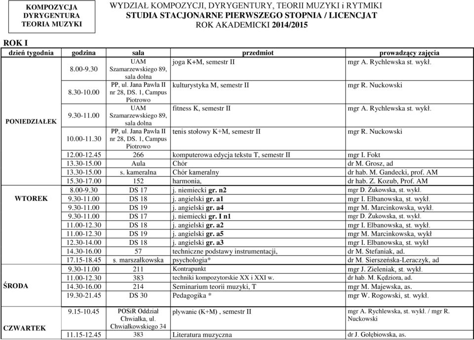 wykł. PONIEDZIAŁE 9.30-11.00 Szamarzewskiego 89, sala dolna PP, ul. Jana Pawła II tenis stołowy +M, semestr II 10.00-11.30 nr 28, DS. 1, Campus Piotrowo 12.00-12.