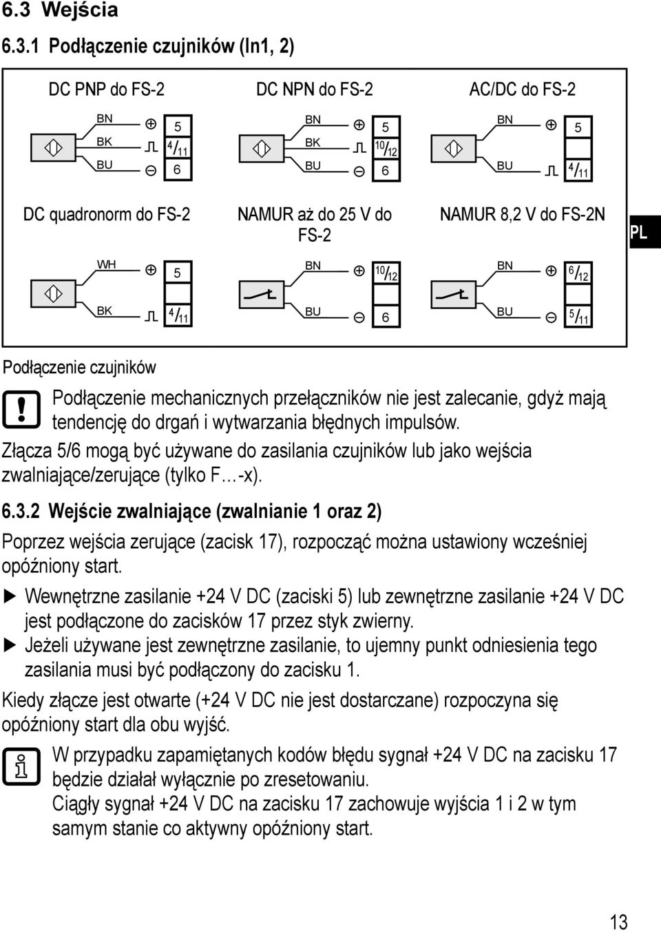 błędnych impulsów. Złącza 5/6 mogą być używane do zasilania czujników lub jako wejścia zwalniające/zerujące (tylko F -x). 6.3.