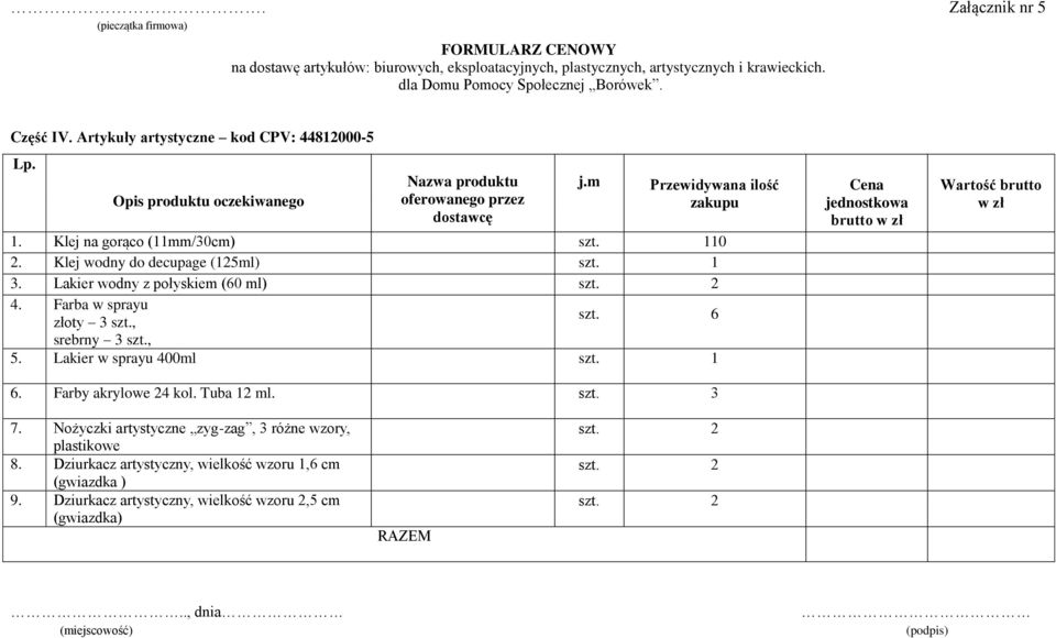 Klej wodny do decupage (125ml) szt. 1 3. Lakier wodny z połyskiem (60 ml) 4. Farba w sprayu złoty 3 szt., szt. 6 srebrny 3 szt., 5. Lakier w sprayu 400ml szt. 1 6. Farby akrylowe 24 kol. Tuba 12 ml.