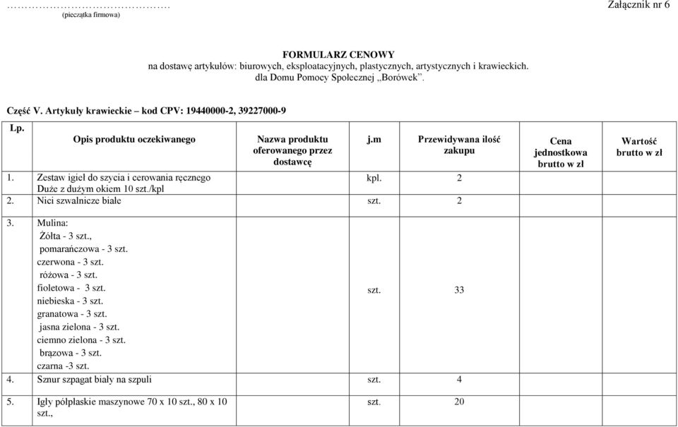 Zestaw igieł do szycia i cerowania ręcznego kpl. 2 Duże z dużym okiem 10 szt./kpl 2. Nici szwalnicze białe 3. Mulina: Żółta - 3 szt., pomarańczowa - 3 szt. czerwona - 3 szt. różowa - 3 szt.