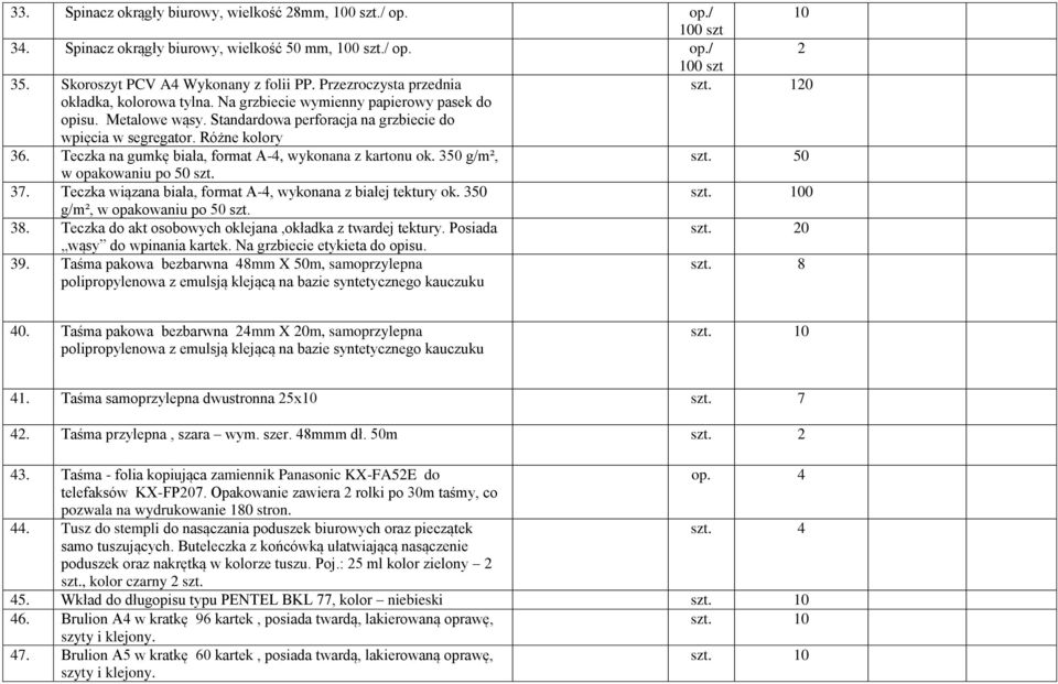 Teczka na gumkę biała, format A-4, wykonana z kartonu ok. 350 g/m², szt. 50 w opakowaniu po 50 szt. 37. Teczka wiązana biała, format A-4, wykonana z białej tektury ok.