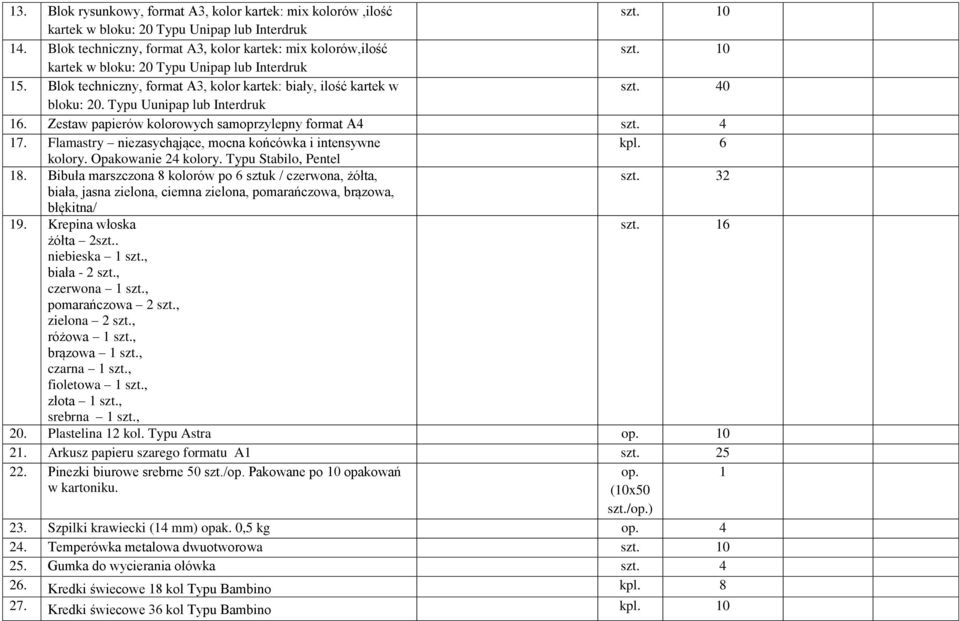 Typu Uunipap lub Interdruk 16. Zestaw papierów kolorowych samoprzylepny format A4 szt. 4 17. Flamastry niezasychąjące, mocna końcówka i intensywne kpl. 6 kolory. Opakowanie 24 kolory.