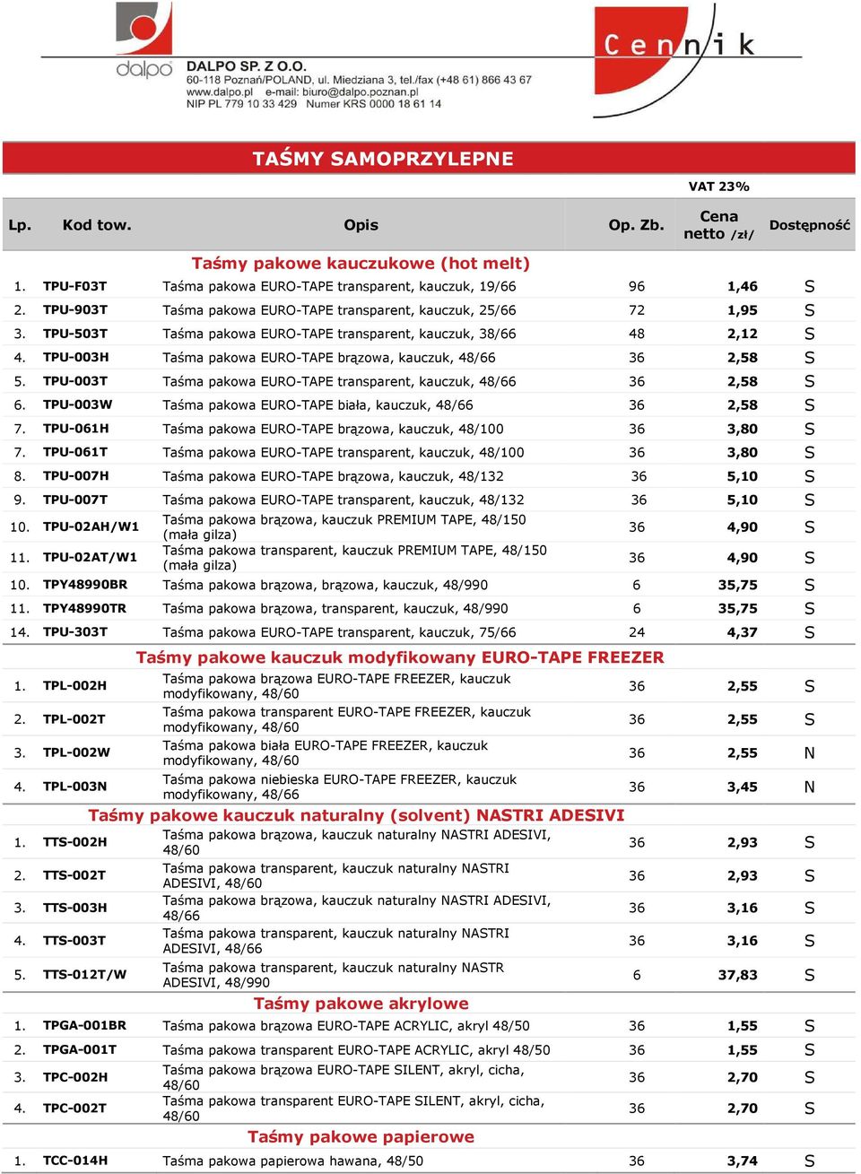 TPU-003H Taśma pakowa EURO-TAPE brązowa, kauczuk, 48/66 36 2,58 S 5. TPU-003T Taśma pakowa EURO-TAPE transparent, kauczuk, 48/66 36 2,58 S 6.