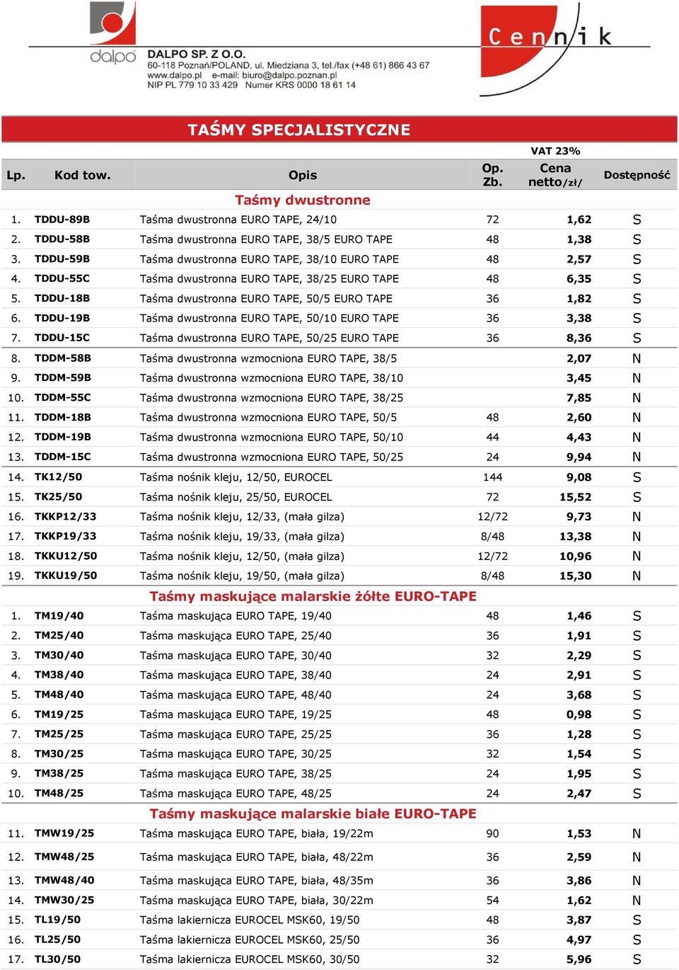 TDDU-18B Taśma dwustronna EURO TAPE, 50/5 EURO TAPE 36 1,82 S 6. TDDU-19B Taśma dwustronna EURO TAPE, 50/10 EURO TAPE 36 3,38 S 7. TDDU-15C Taśma dwustronna EURO TAPE, 50/25 EURO TAPE 36 8,36 S 8.
