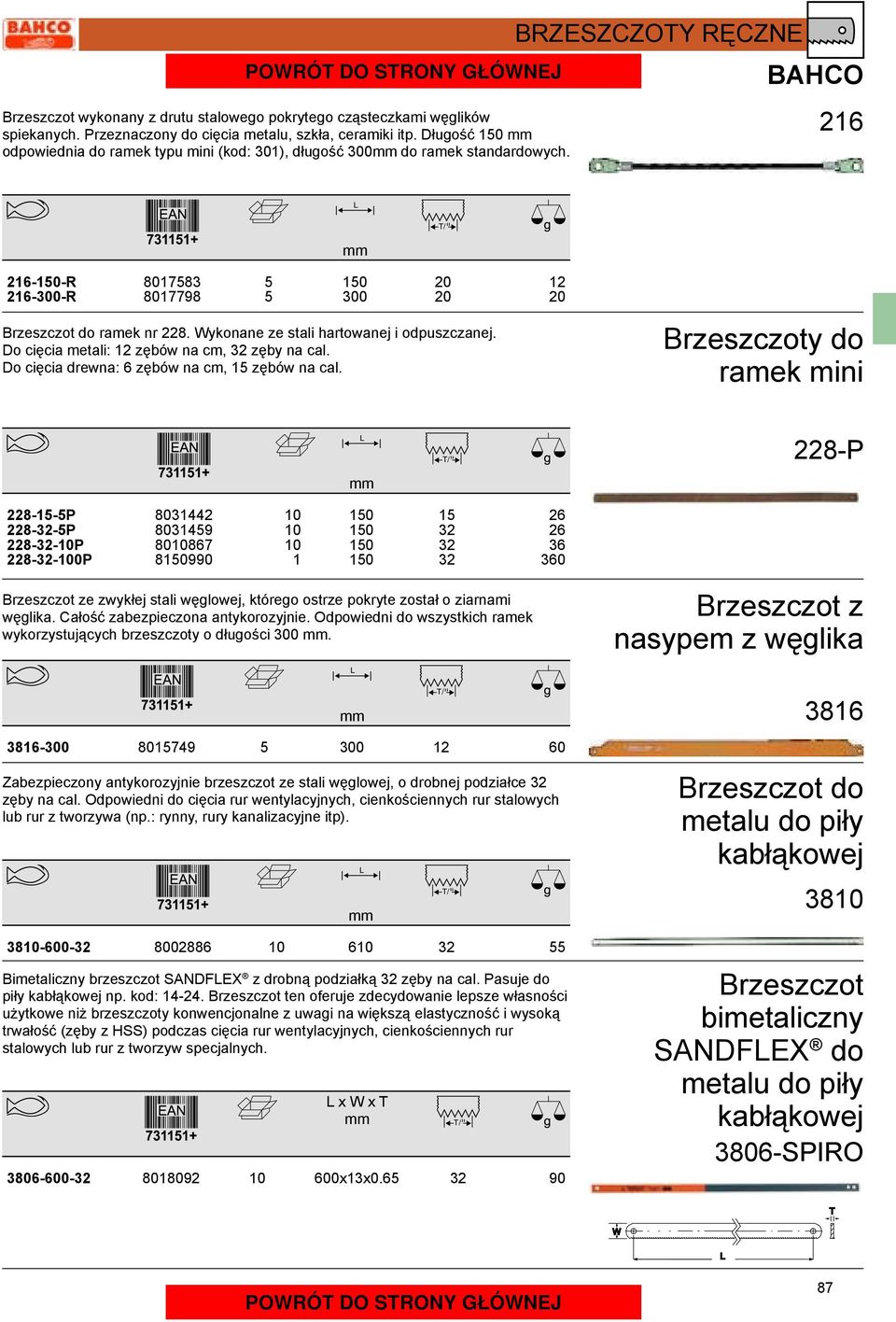 BRZESZCZOTY RĘCZNE BAHCO 216 T/ 216-150-R 8017583 5 150 20 12 216-300-R 8017798 5 300 20 20 Brzeszczot do ramek nr 228. Wykonane ze stali hartowanej i odpuszczanej.