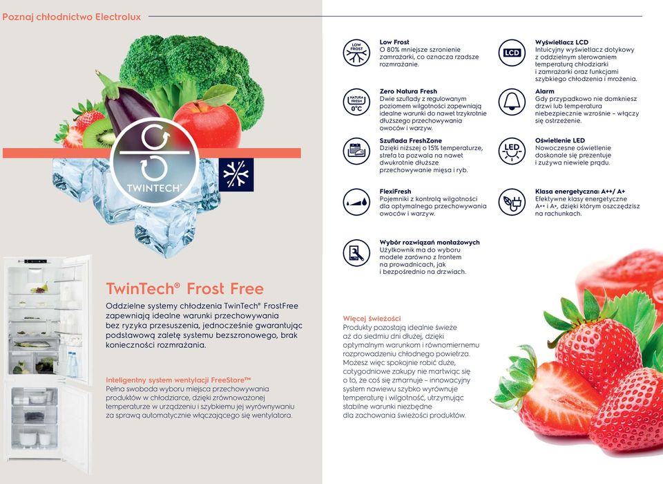 Zero Natura Fresh Dwie szuflady z regulowanym poziomem wilgotności zapewniają idealne warunki do nawet trzykrotnie dłuższego przechowywania owoców i warzyw.