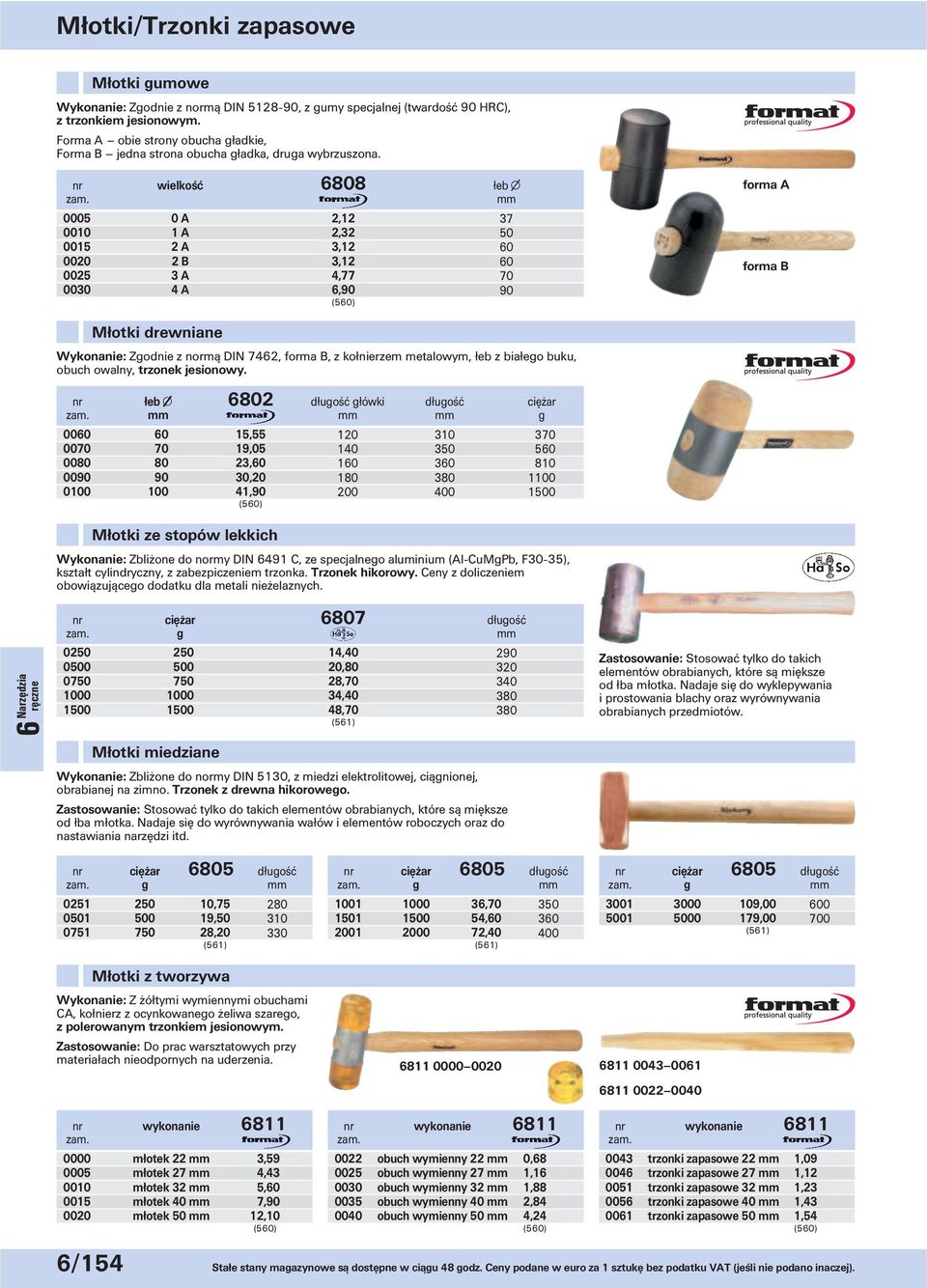 nr wielkość 6808 łeb 0005 0 A 2,12 37 0010 1 A 2,32 50 0015 2 A 3,12 60 0020 2 B 3,12 60 0025 3 A 4,77 70 0030 4 A 6,90 90 forma A forma B Młotki drewniane Wykonanie: Zgodnie z normą DIN 7462, forma