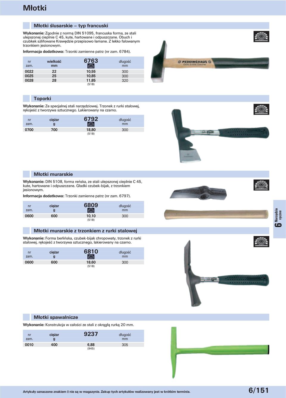 nr wielkość 6763 długość 0022 22 10,55 0025 25 10,85 0028 28 11,85 Toporki Wykonanie: Ze specjalnej stali narzędziowej. Trzonek z rurki stalowej, rękojeść z tworzywa sztucznego. Lakierowany na czarno.