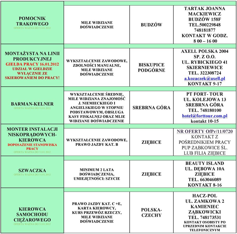 pl KONTAKT 9-17 BARMAN-KELNER ŚREDNIE, MILE WIDZIANA ZNAJOMOŚĆ J. NIEMIECKIEGO I ANGIELSKIEGO W STOPNIU PODSTAWOWYM, OBSŁUGA KASY FISKALNEJ ORAZ MLIE WIDZIANE SREBRNA GÓRA PT FORT- TOUR UL.