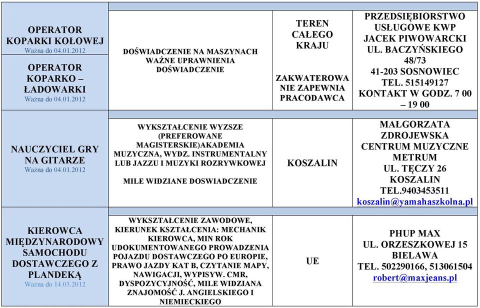 INSTRUMENTALNY LUB JAZZU I MUZYKI ROZRYWKOWEJ DOSWIADCZENIE KOSZALIN MAŁGORZATA ZDROJEWSKA CENTRUM MUZYCZNE METRUM UL. TĘCZY 26 KOSZALIN TEL.9403453511 koszalin@yamahaszkolna.