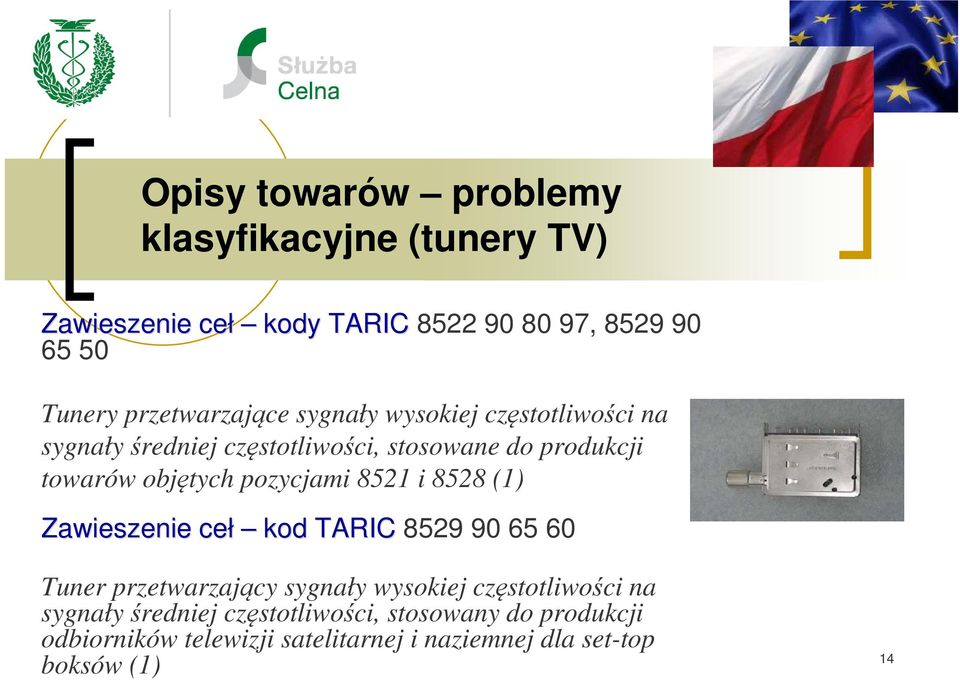 pozycjami 8521 i 8528 (1) Zawieszenie ceł kod TARIC 8529 90 65 60 Tuner przetwarzający sygnały wysokiej częstotliwości na