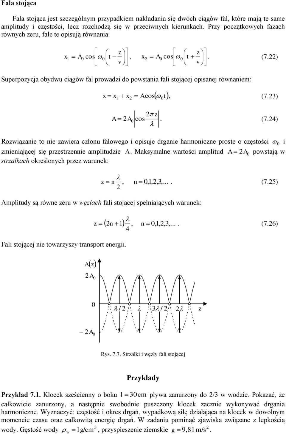 zawiera członu falowego i opisuje drganie haroniczne proste o częstości i zieniającej się przestrzennie aplitudzie A Maksyalne wartości aplitud A A powstają w strzałkach określonych przez warunek: z