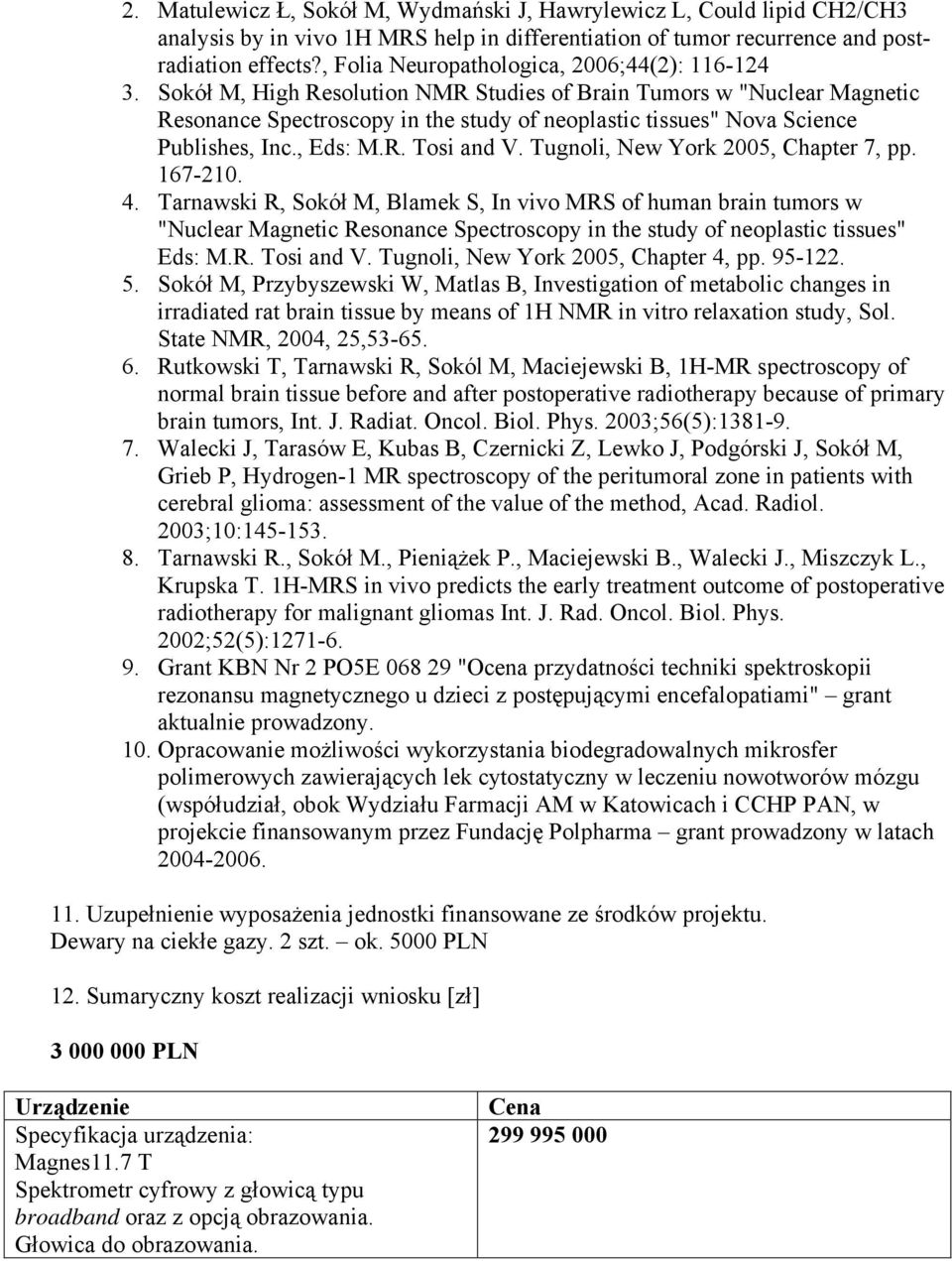 Sokół M, High Resolution NMR Studies of Brain Tumors w "Nuclear Magnetic Resonance Spectroscopy in the study of neoplastic tissues" Nova Science Publishes, Inc., Eds: M.R. Tosi and V.