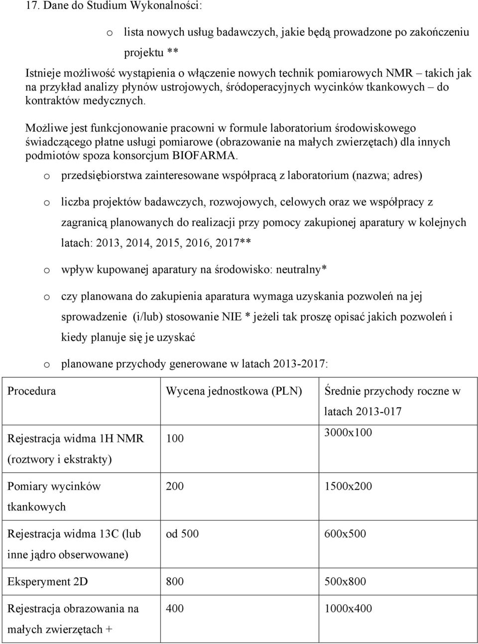 Możliwe jest funkcjonowanie pracowni w formule laboratorium środowiskowego świadczącego płatne usługi pomiarowe (obrazowanie na małych zwierzętach) dla innych podmiotów spoza konsorcjum BIOFARMA.