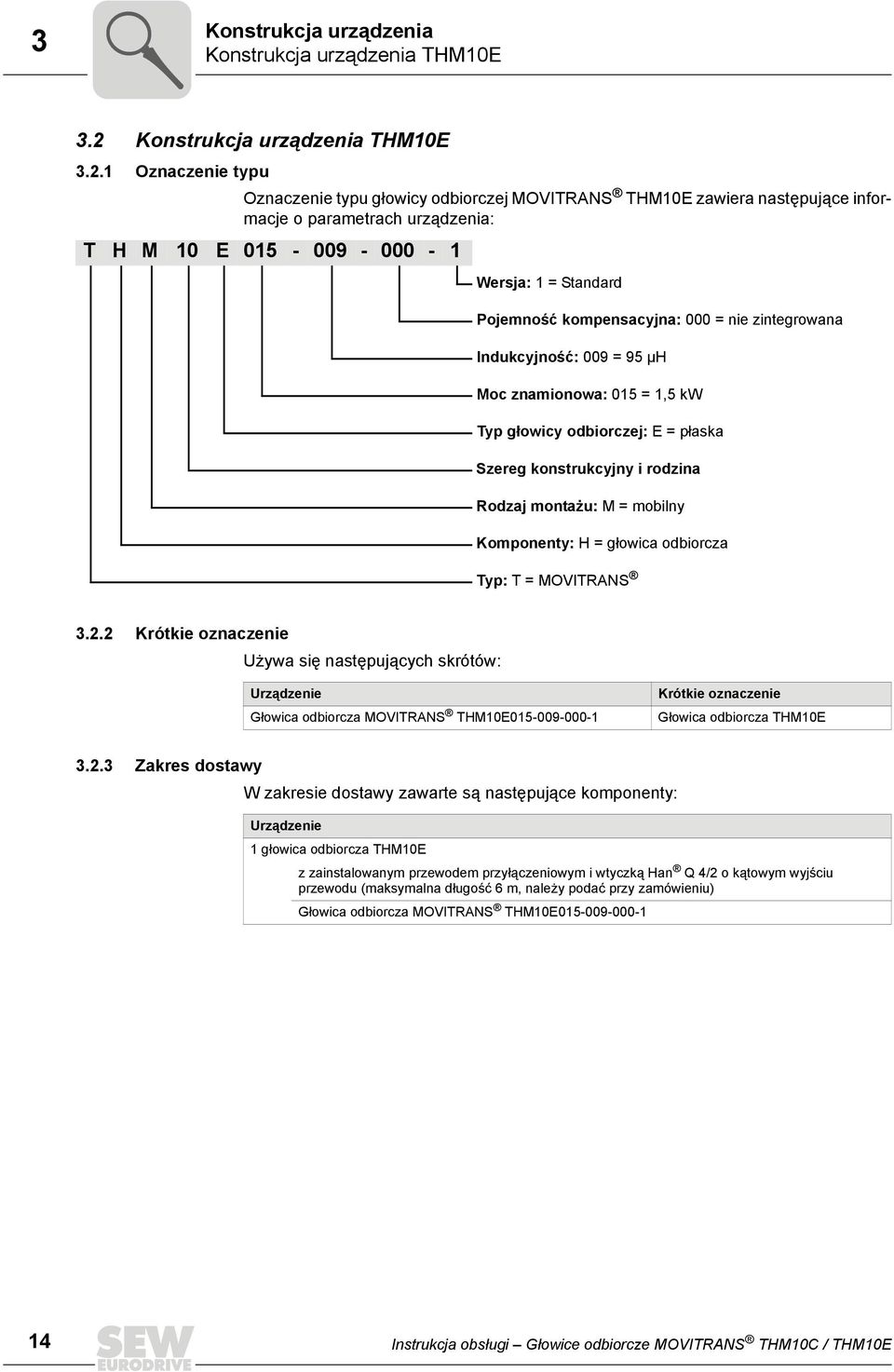1 Oznaczenie typu Oznaczenie typu głowicy odbiorczej MOVITRANS THM10E zawiera następujące informacje o parametrach urządzenia: T H M 10 E 015-009 - 000-1 Wersja: 1 = Standard Pojemność kompensacyjna: